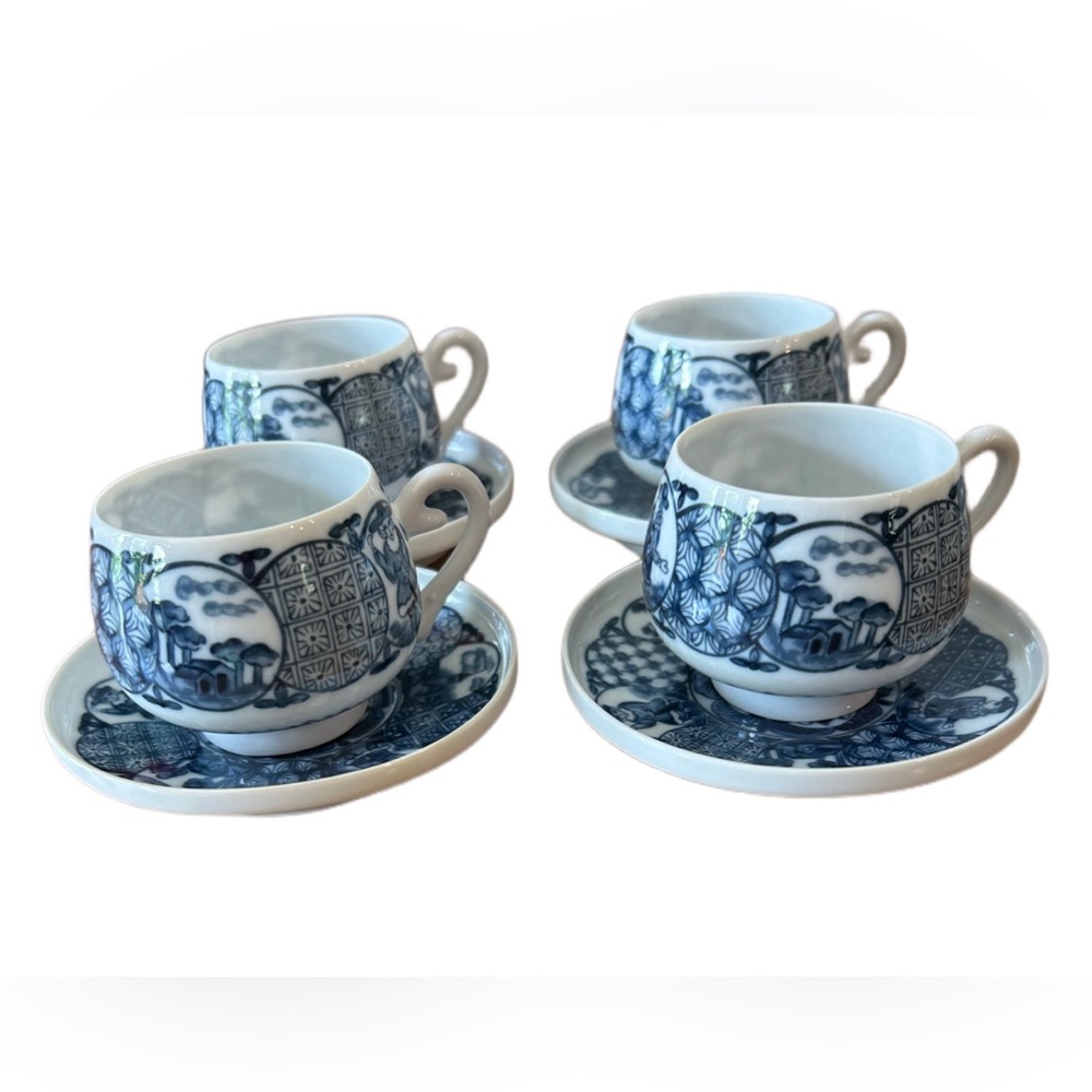 Vintage International Japan Ching Te Chen Tea Set of 4 Cups & Saucers Blue